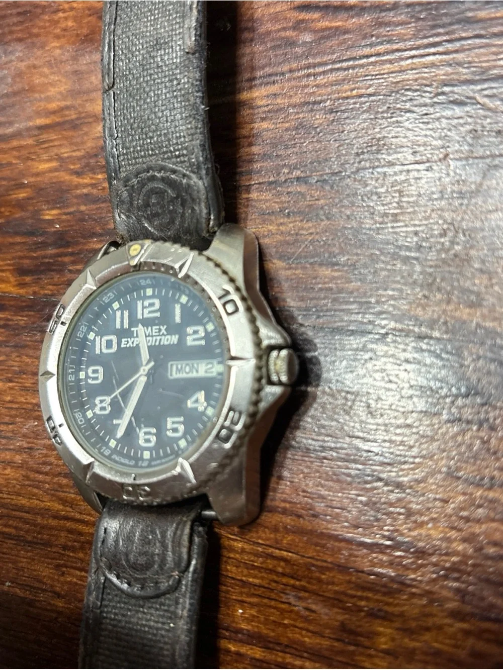 Timed Expedition Men's Black Leather Strap Field Watch Needs Battery